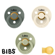 BIBS Colour Sutter med navn str2, 1 Pine, 1 Ivory, 1 Sage, Runde latex, Pakke med 3 sutter